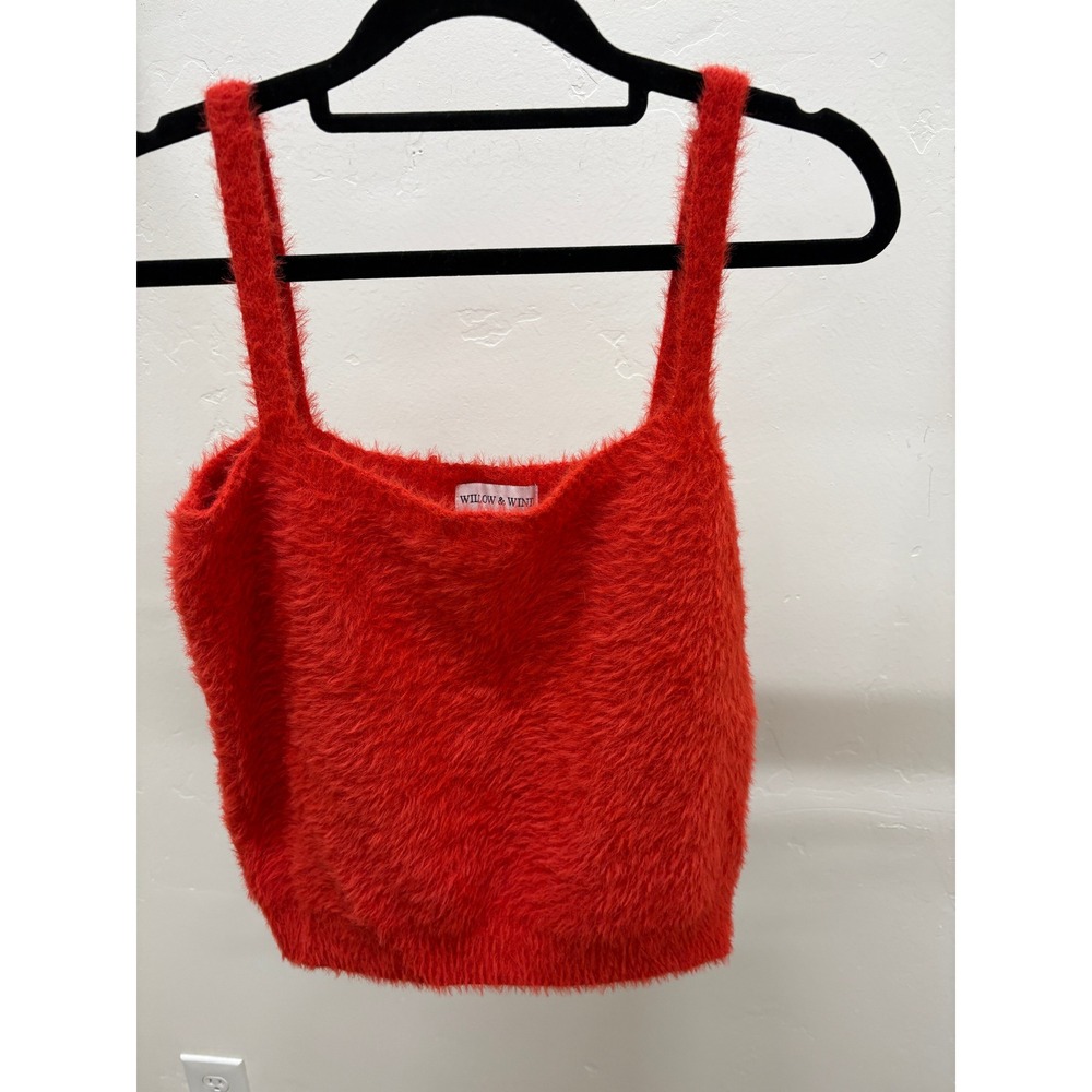 Willow & Wind Red Fuzzy Eyelash Knit Crop Tank Top Womens Large Square Neck